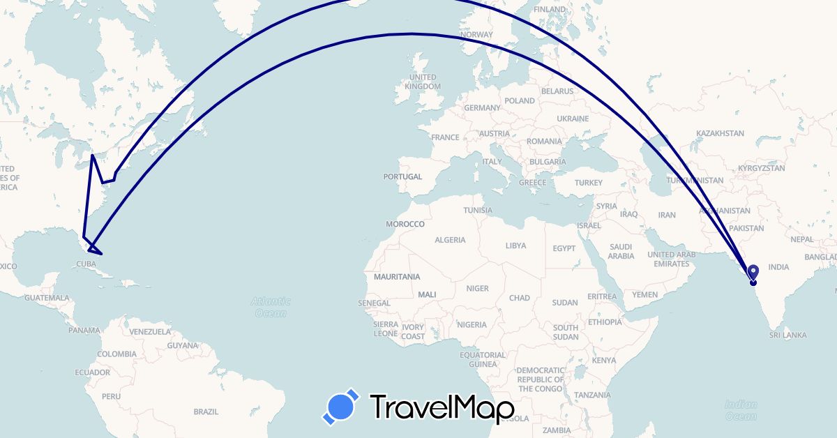 TravelMap itinerary: driving in Bahamas, Canada, India, United States (Asia, North America)